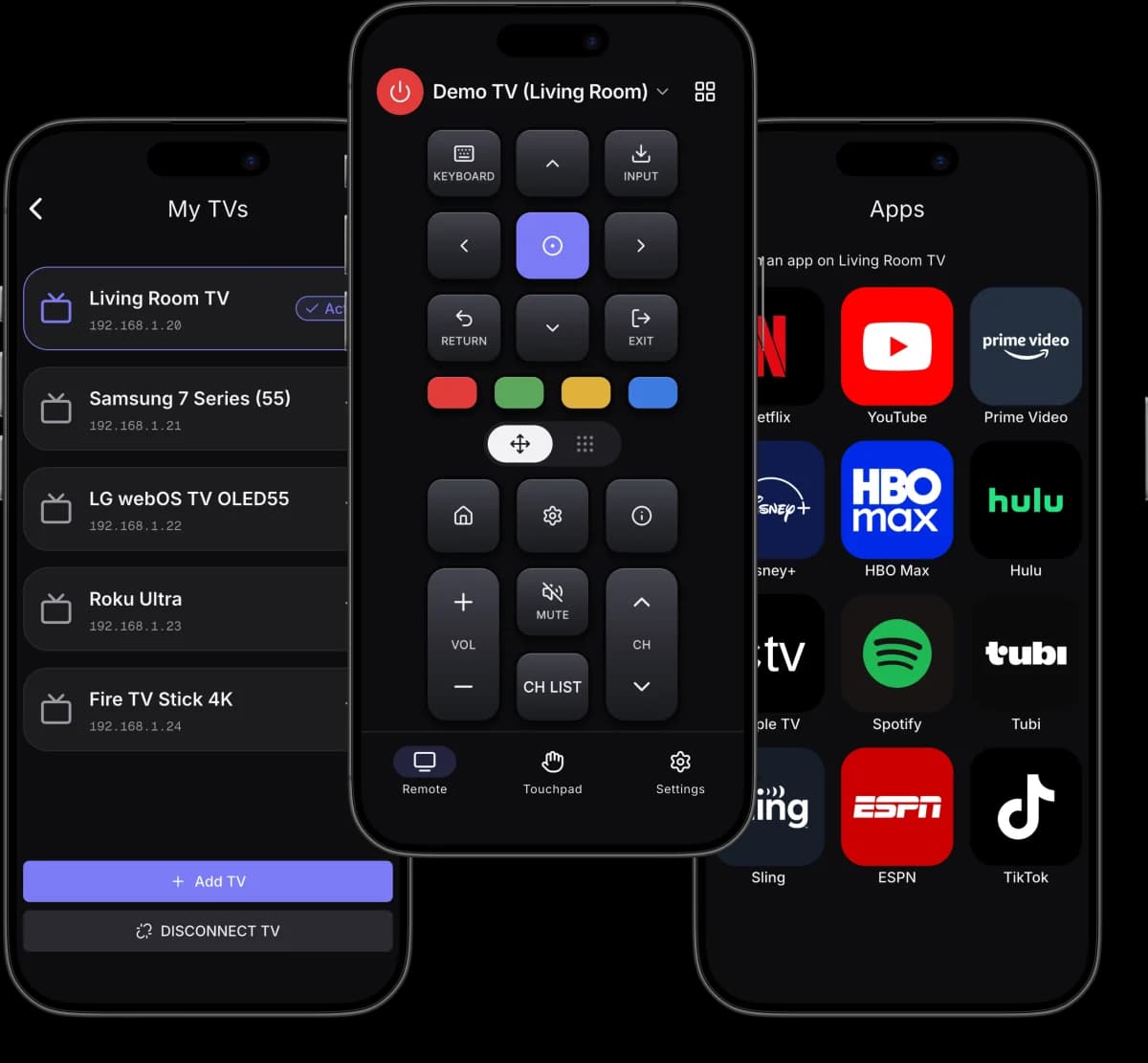 The Remo remote screen on an iPhone, showing the D-pad, colour keys and volume and channel rockers while connected to a living room TV